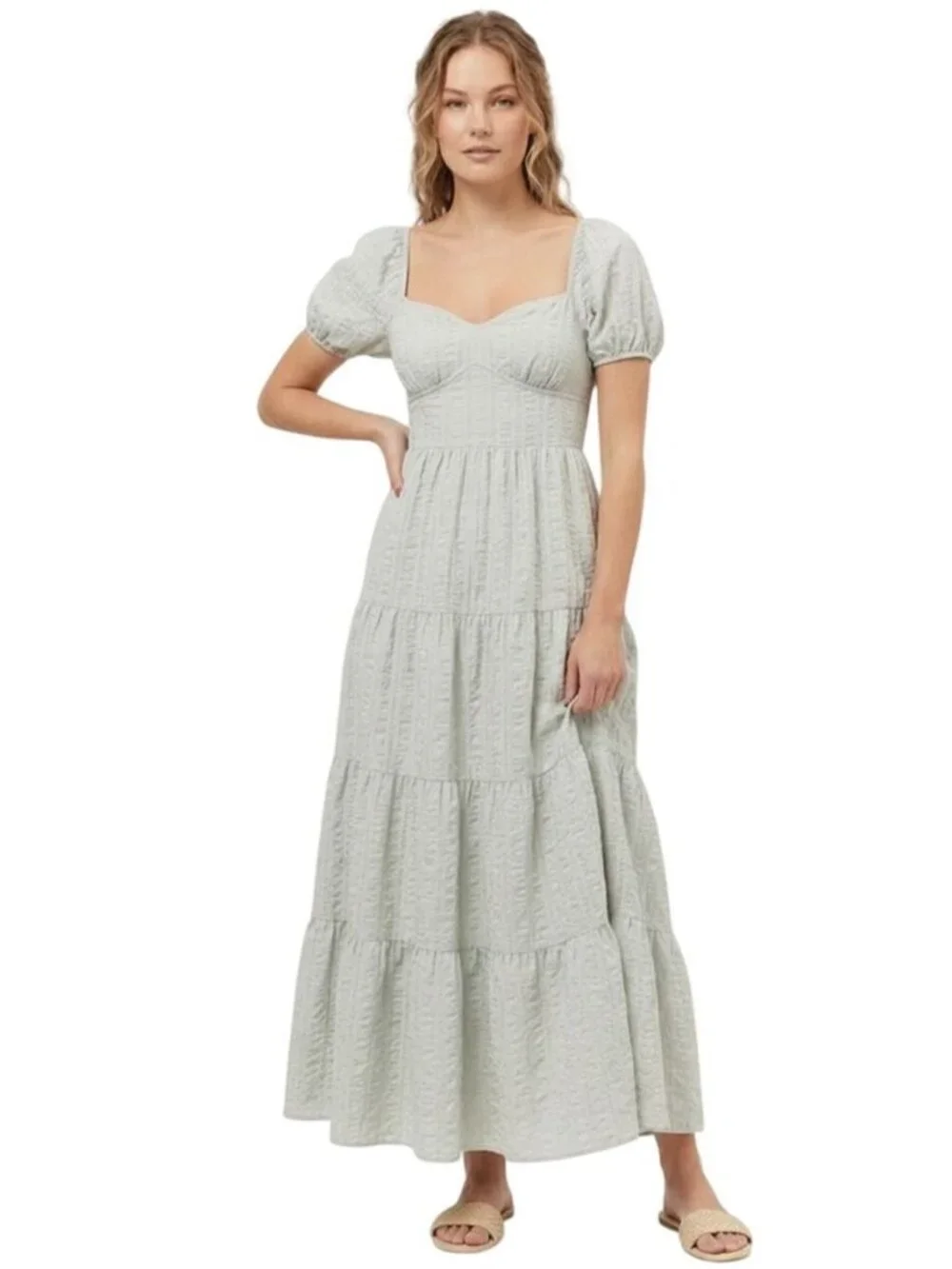 Forever 21 Puff Sleeve Crisscross Tie Back Tiered Skirt Maxi Dress Size Medium - Picture 1 of 13